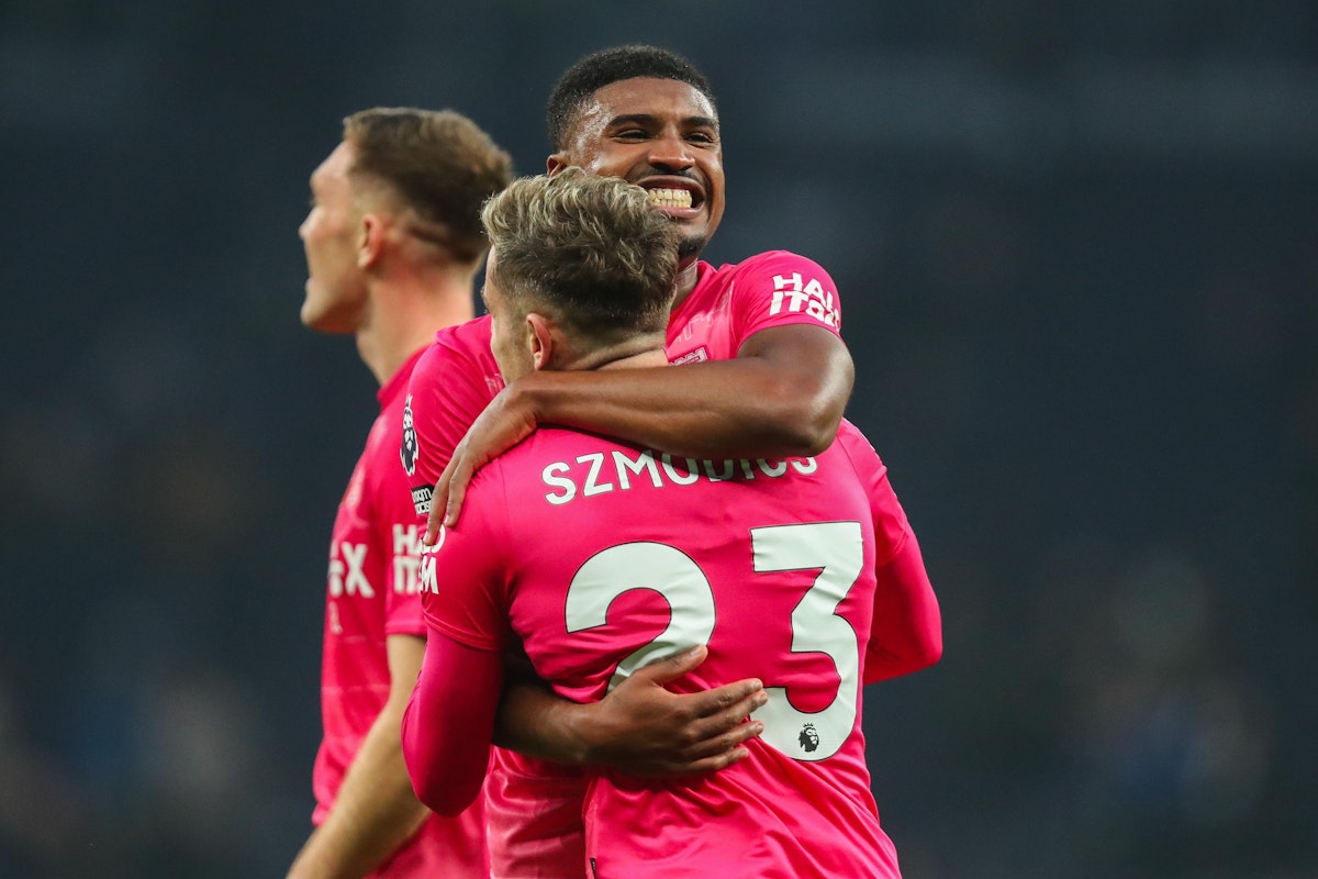 Johnson celebrates with Szmodics, who scored a brilliant overhead kick to make it 1-0 Town